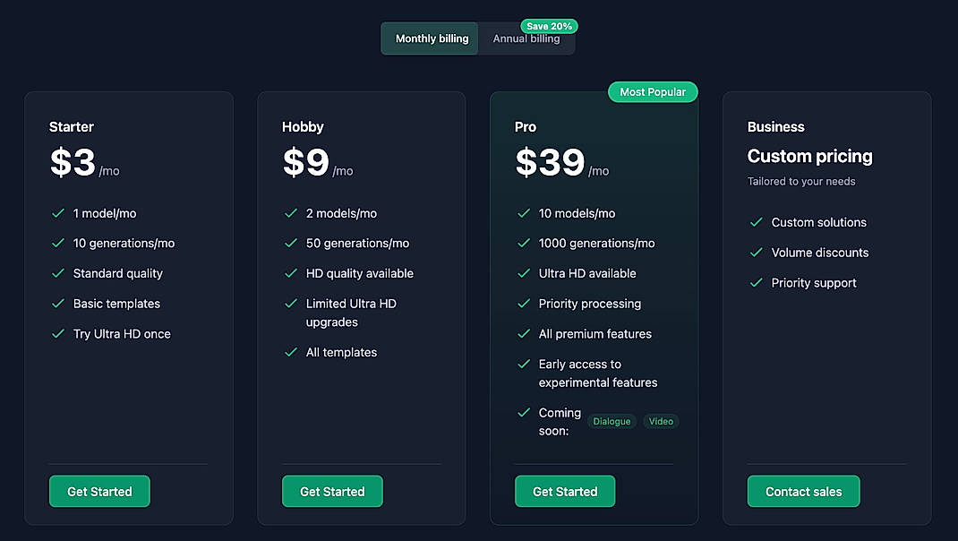 Pricing screenshot