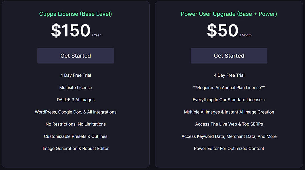 Pricing screenshot