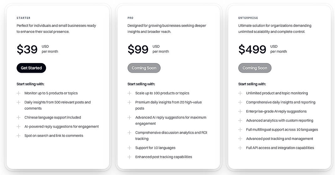 Pricing screenshot