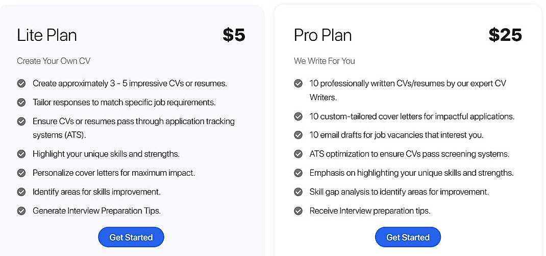 Pricing screenshot