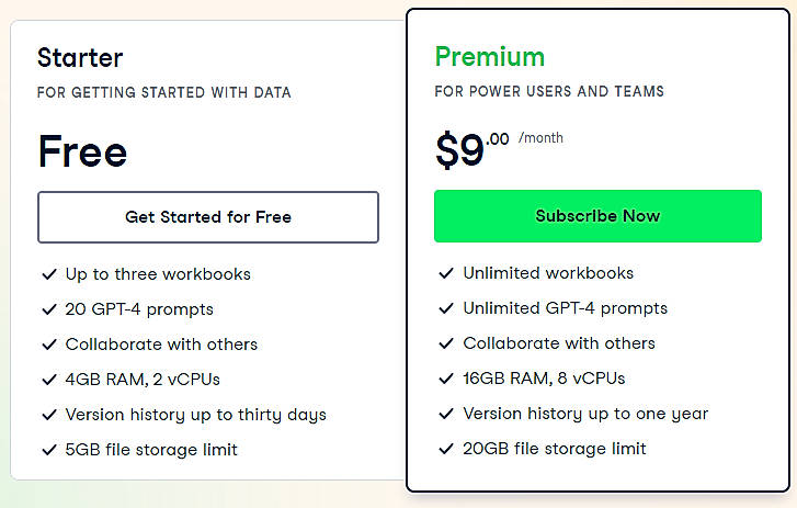 Pricing screenshot