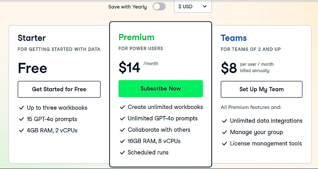 Pricing screenshot