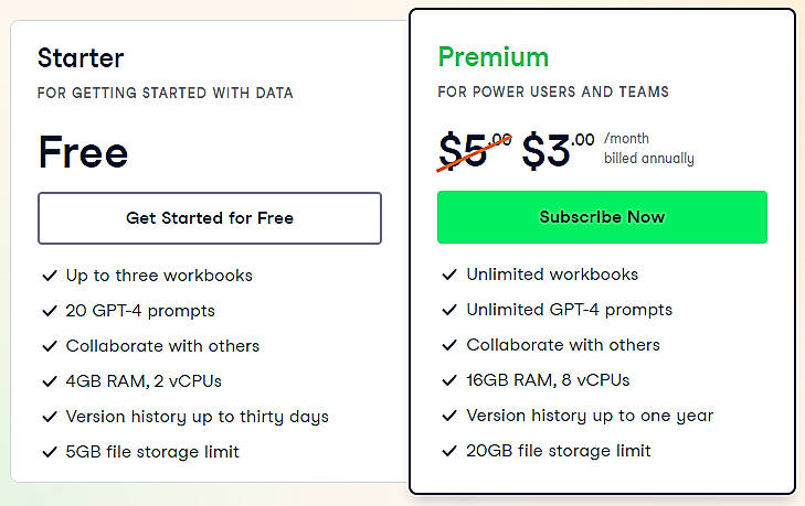 Pricing screenshot