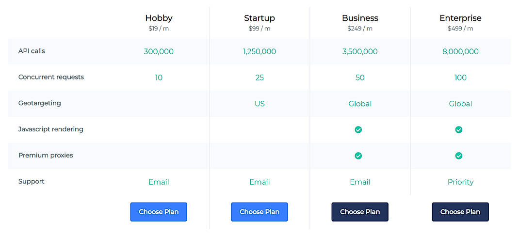Pricing screenshot