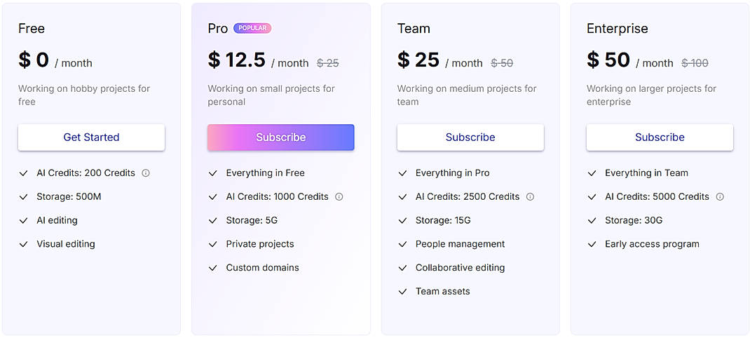 Pricing screenshot