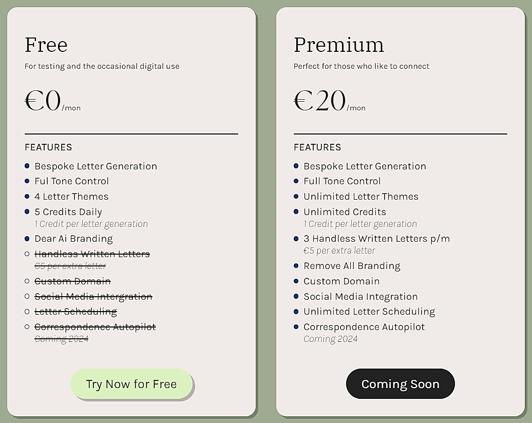 Pricing screenshot