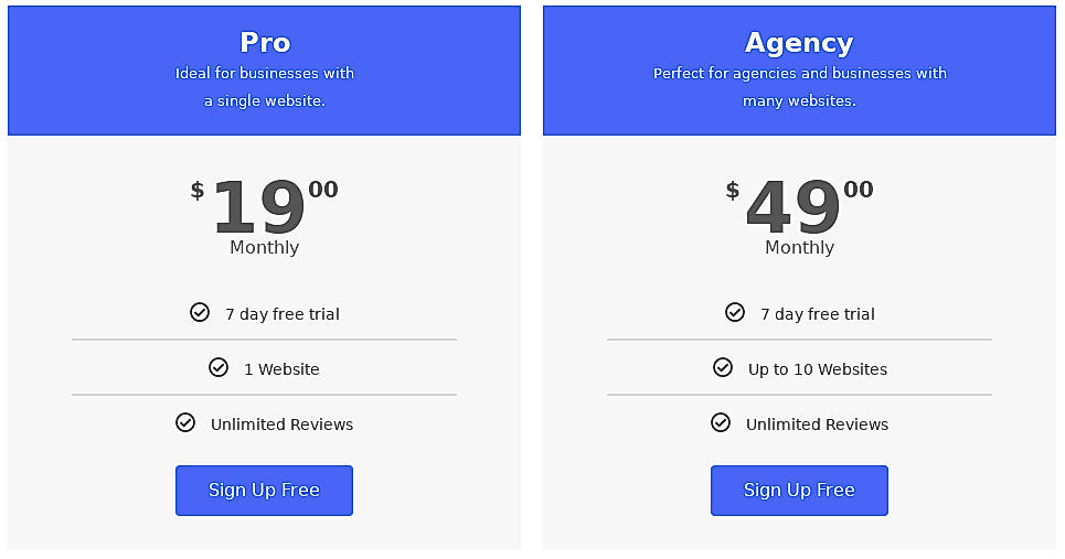 Pricing screenshot