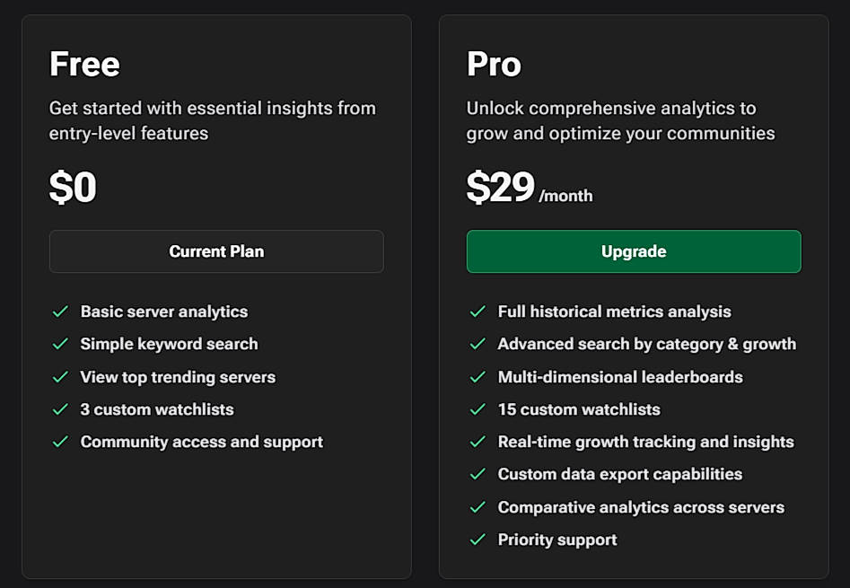 Pricing screenshot