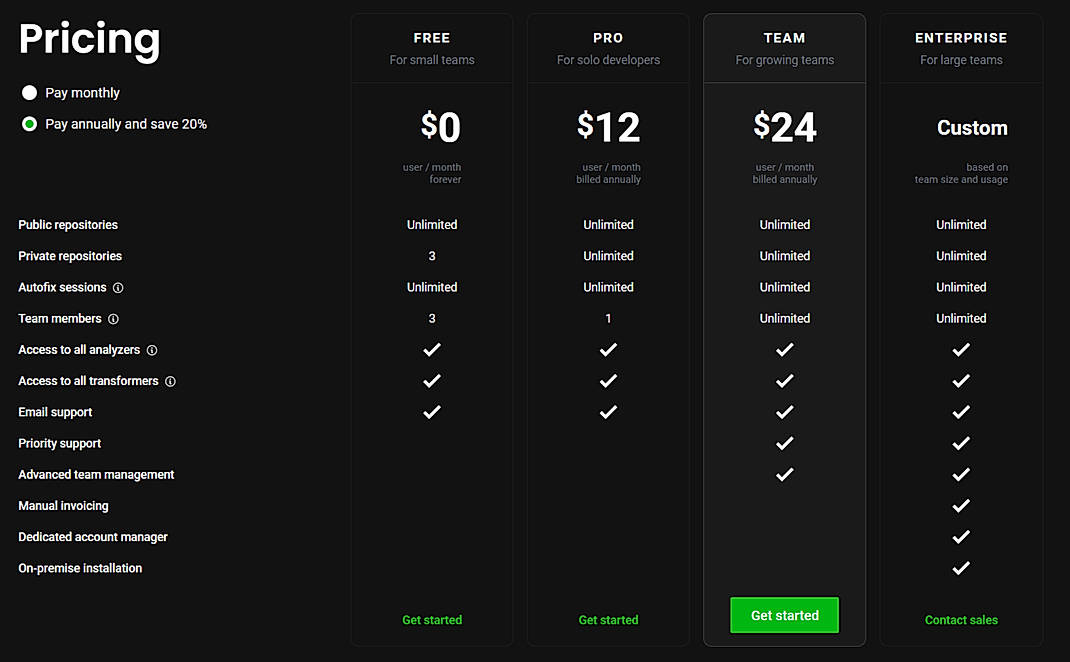 Pricing screenshot