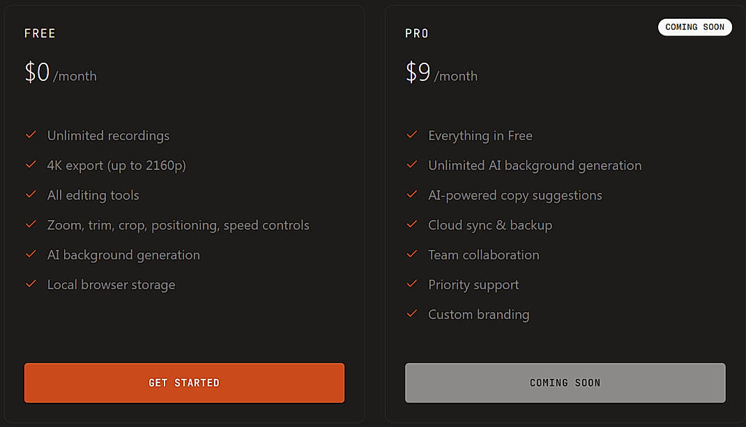 Pricing screenshot