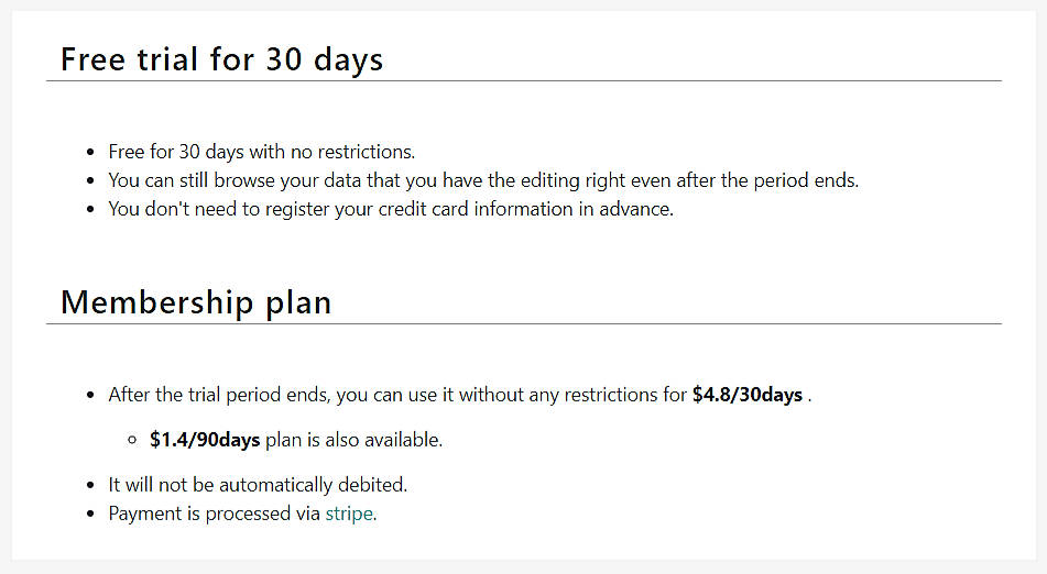 Pricing screenshot
