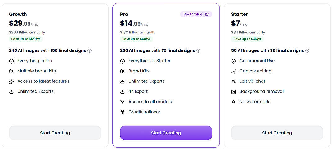 Pricing screenshot