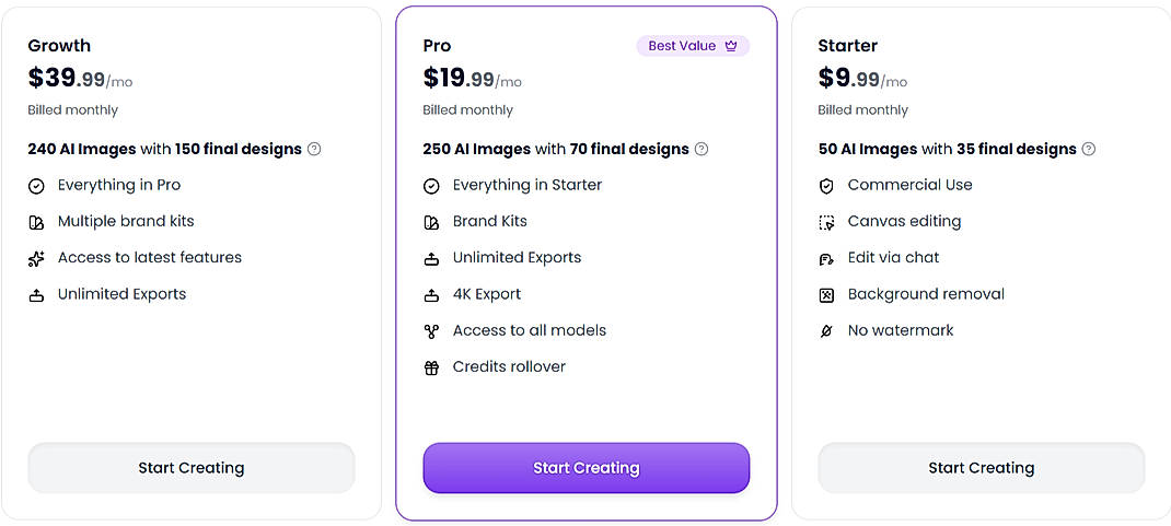 Pricing screenshot