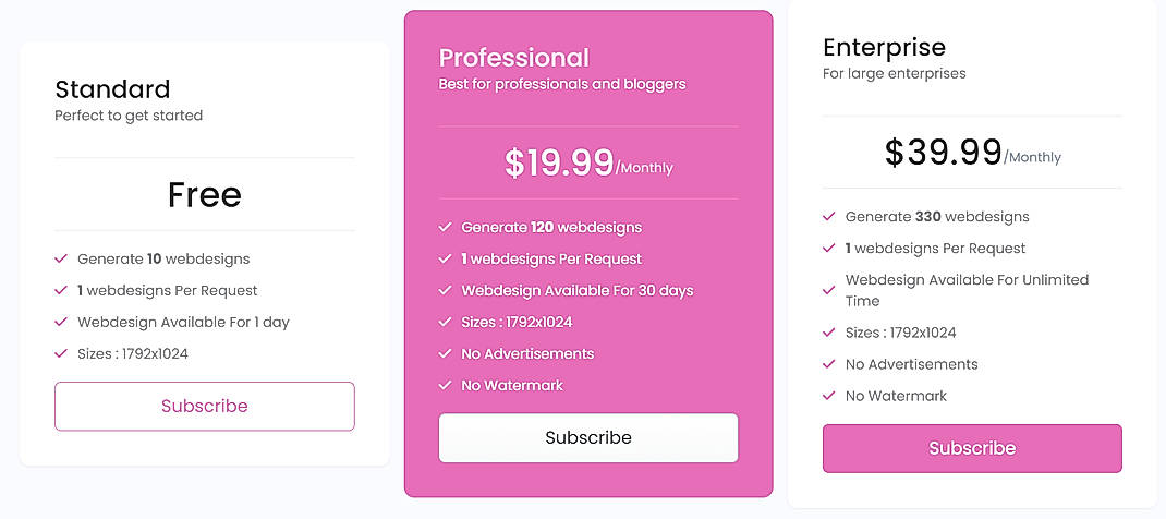 Pricing screenshot