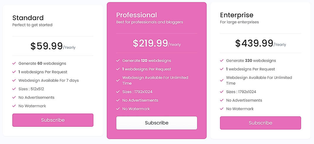 Pricing screenshot