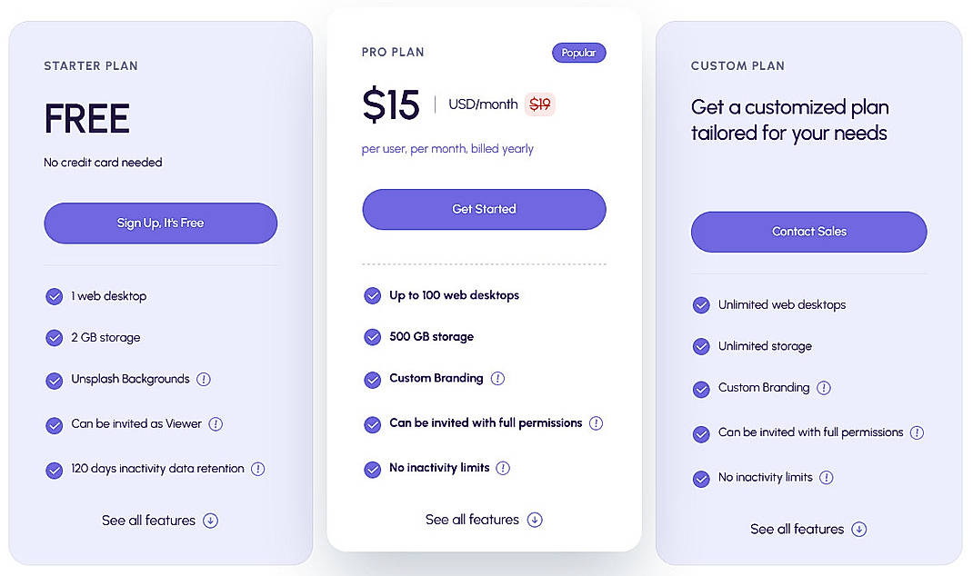 Pricing screenshot