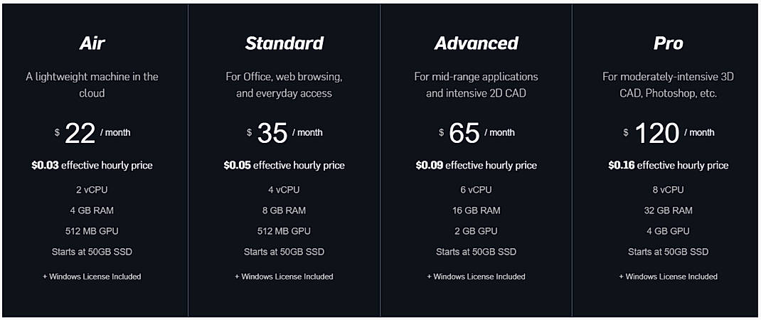 Pricing screenshot
