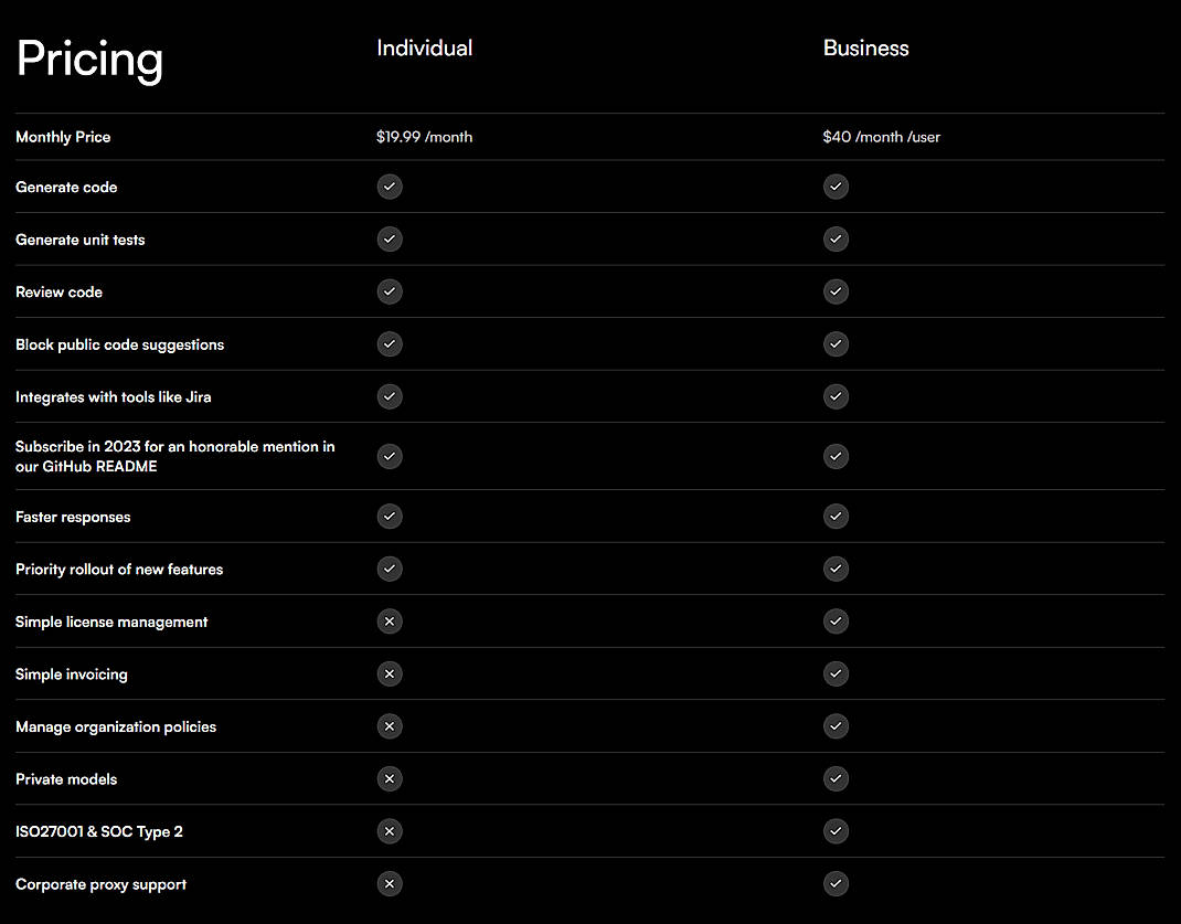 Pricing screenshot