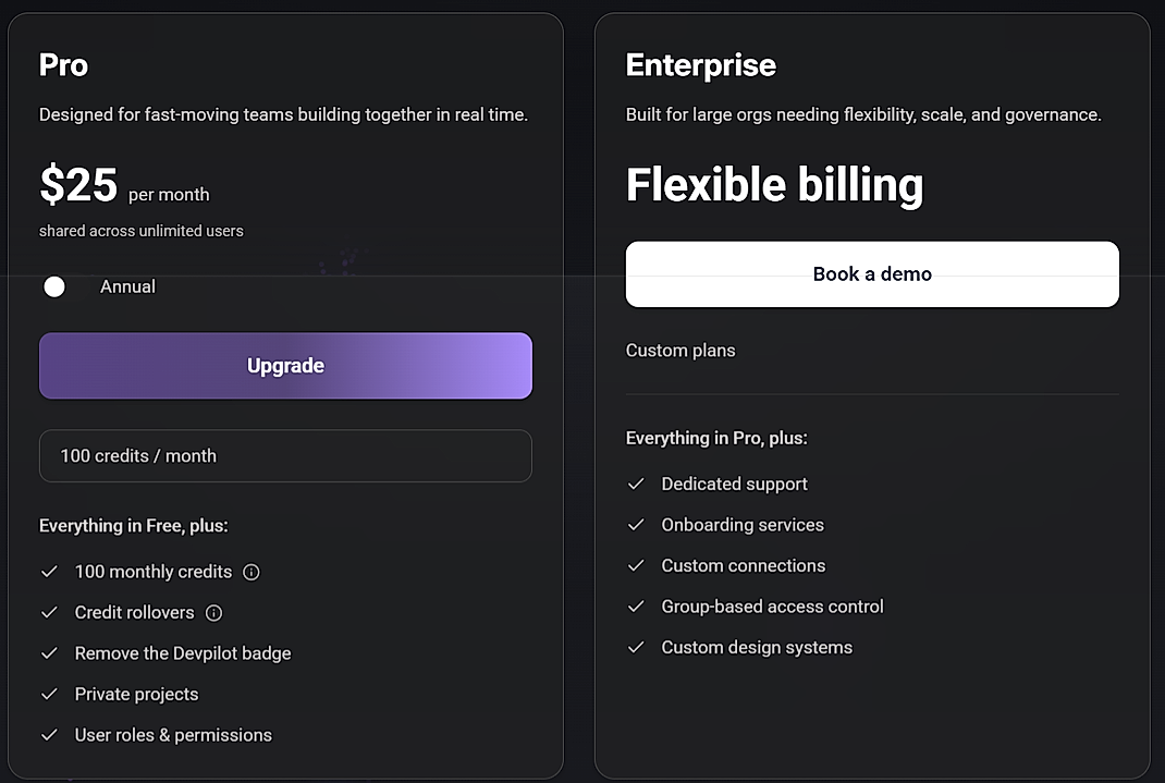 Pricing screenshot