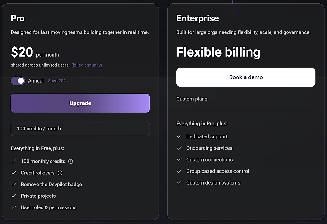 Pricing screenshot