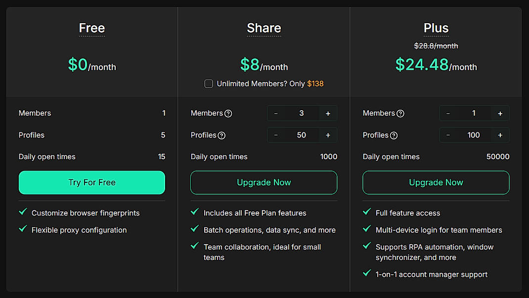Pricing screenshot