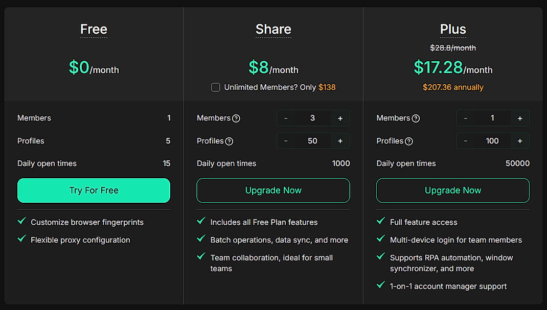 Pricing screenshot