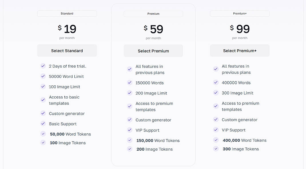 Pricing screenshot