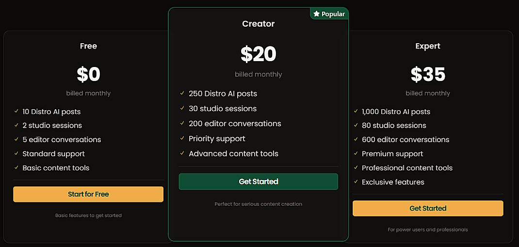Pricing screenshot