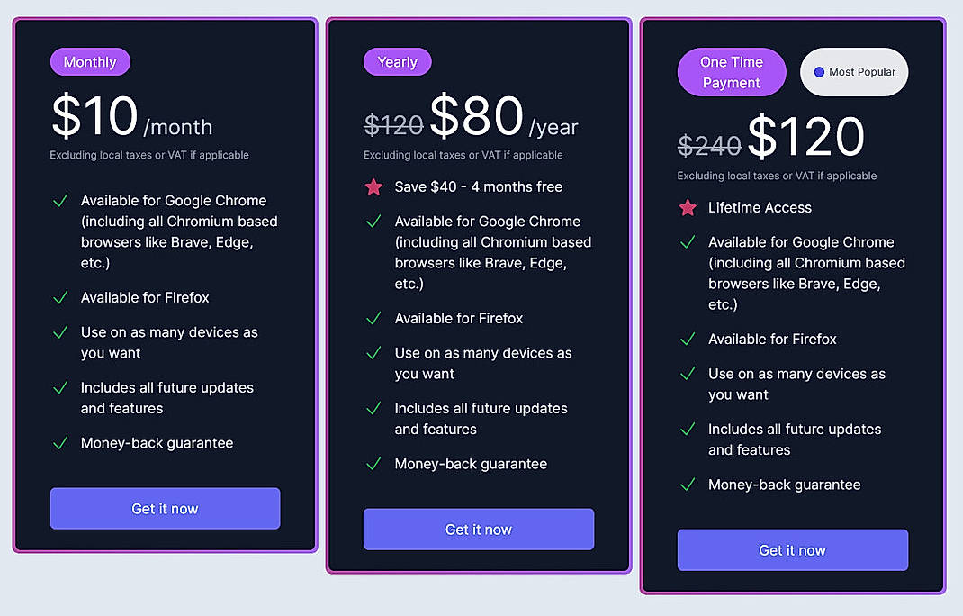 Pricing screenshot