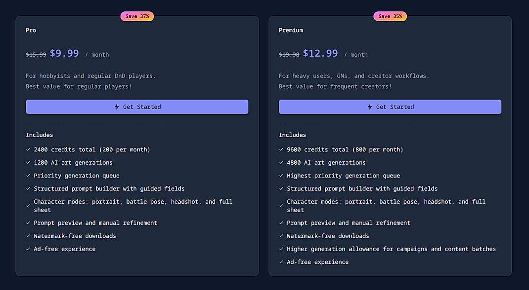 Pricing screenshot