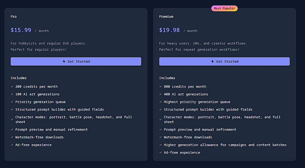 Pricing screenshot