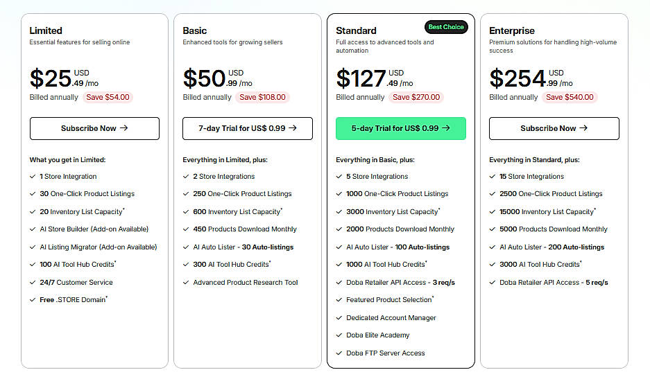 Pricing screenshot