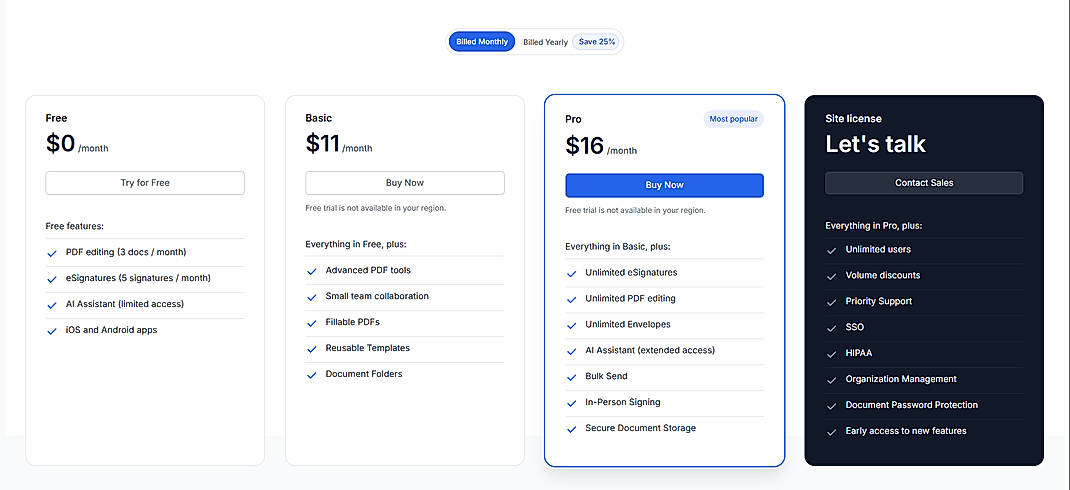 Pricing screenshot