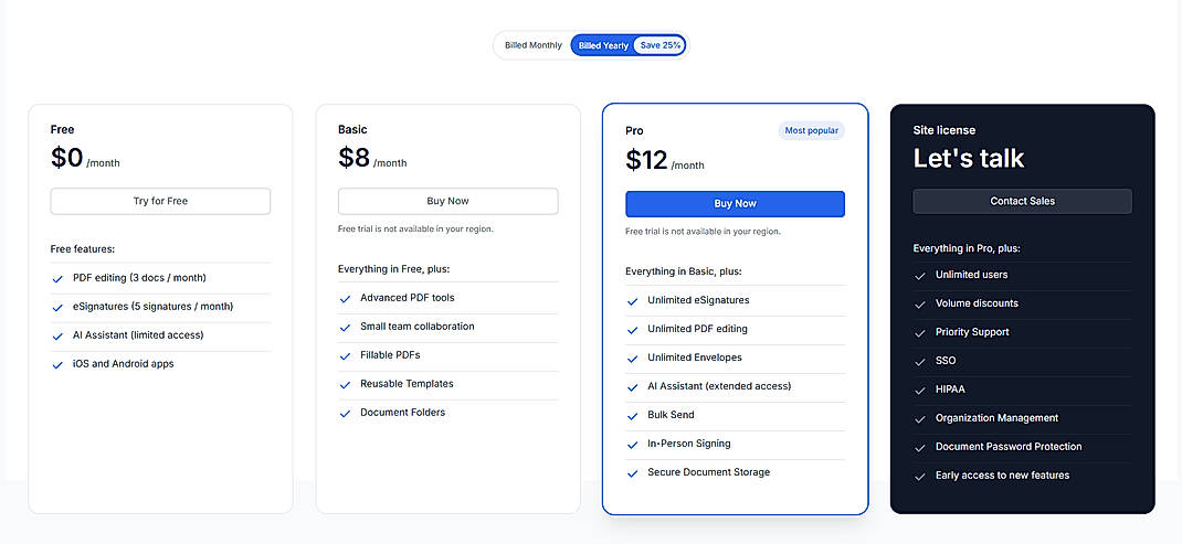 Pricing screenshot