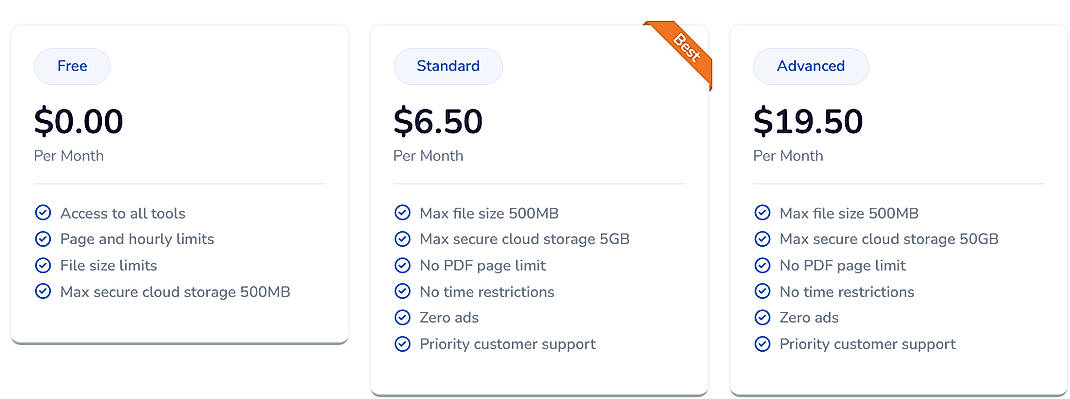 Pricing screenshot