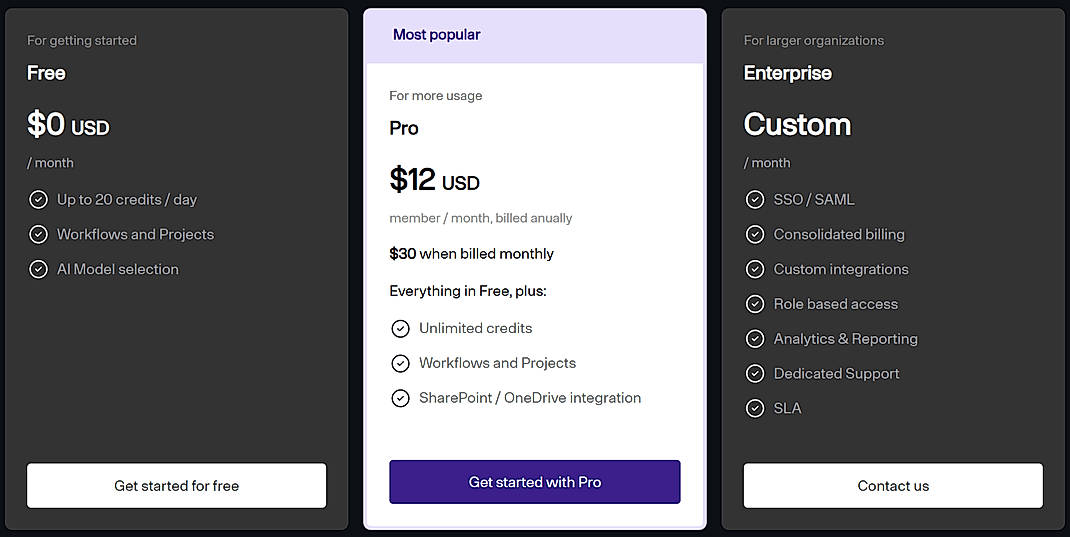 Pricing screenshot