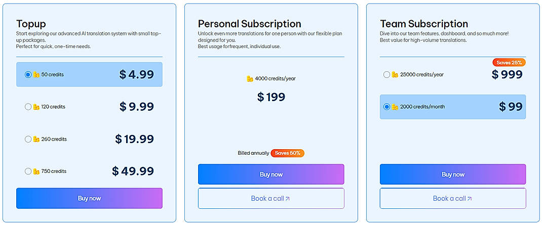 Pricing screenshot
