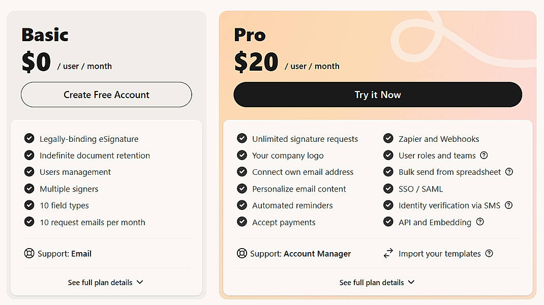 Pricing screenshot