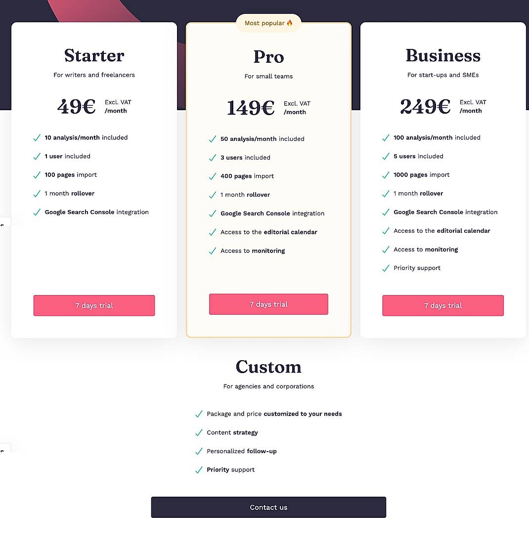 Pricing screenshot