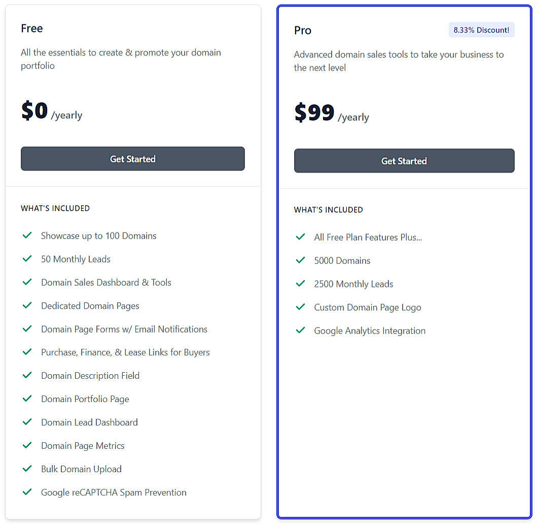 Pricing screenshot