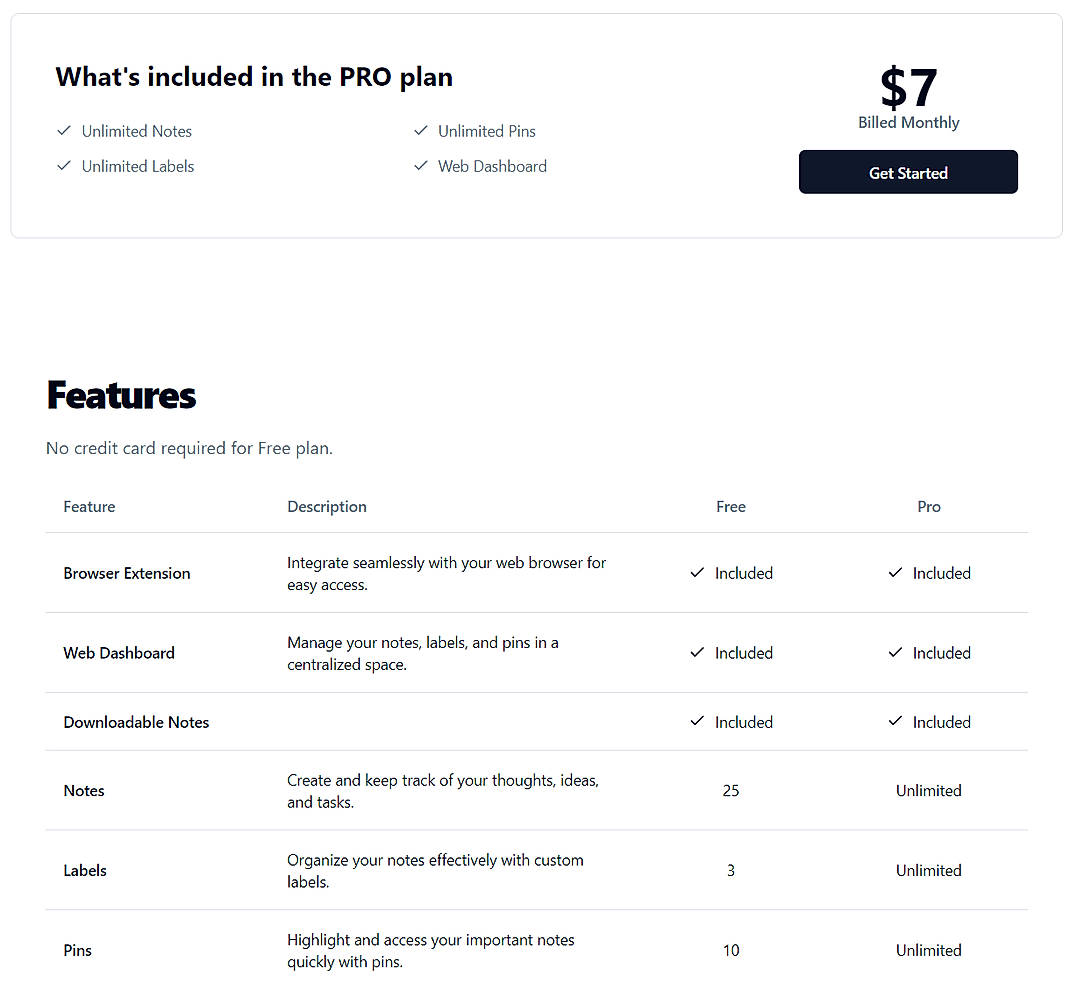 Pricing screenshot