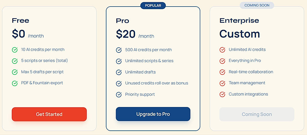 Pricing screenshot
