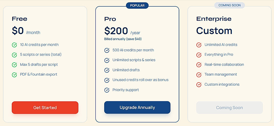 Pricing screenshot