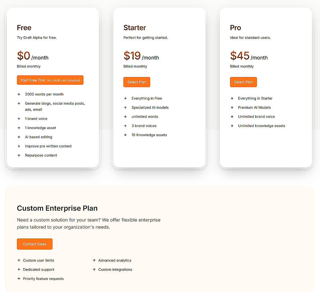 Pricing screenshot