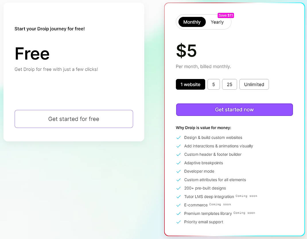 Pricing screenshot