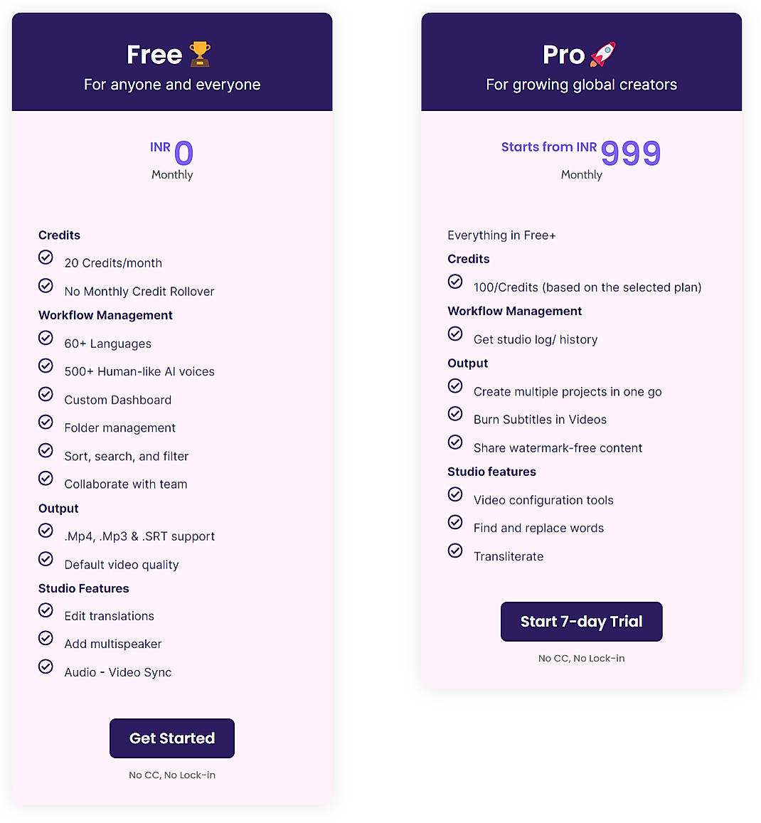 Pricing screenshot