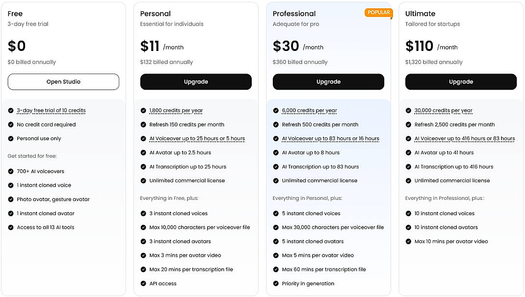 Pricing screenshot
