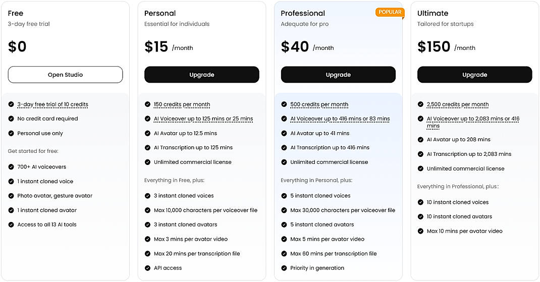 Pricing screenshot