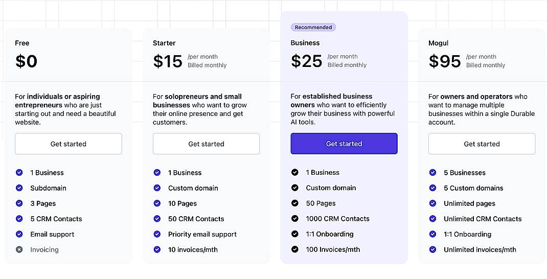 Pricing screenshot