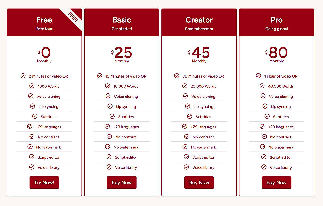 Pricing screenshot